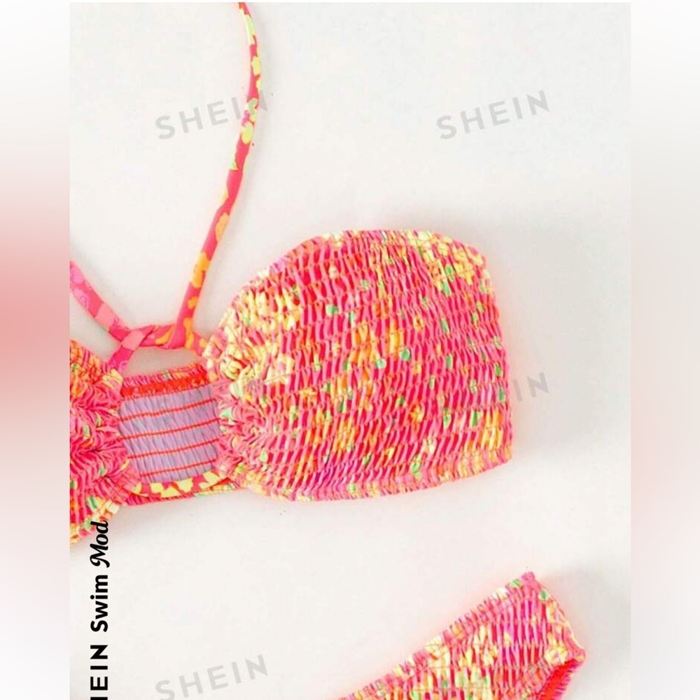 SHEIN floral swimsuit bikini 2-piece orange yellow neon swimwear bandeau top XS - Picture 6 of 10